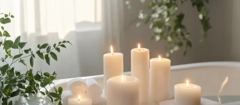 נרות אווירה מונחים על אמבטיה.